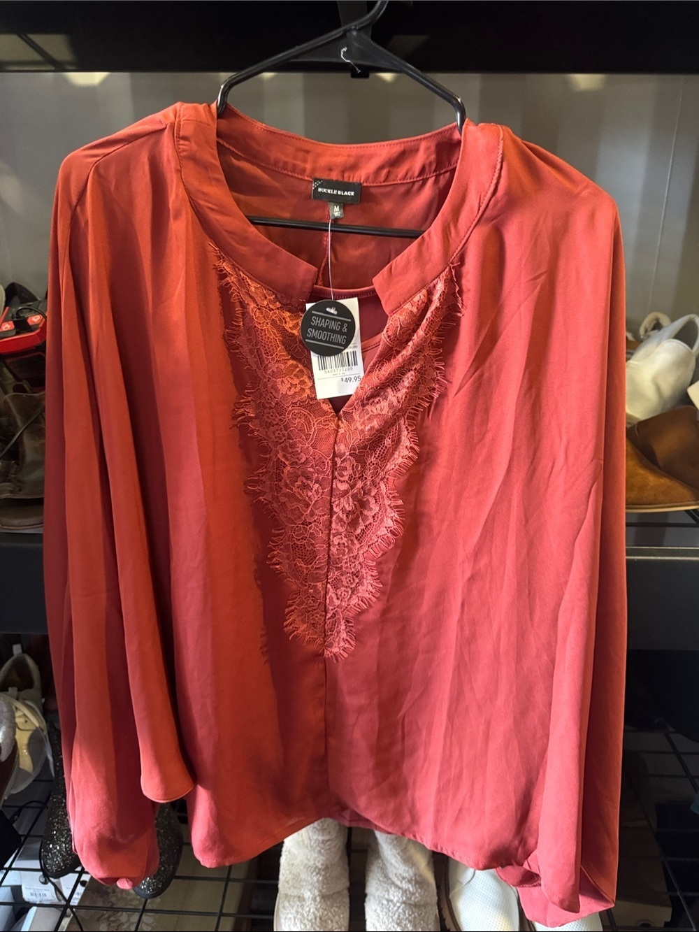 Rust Lace-Trim V-Neck Blouse - Rust